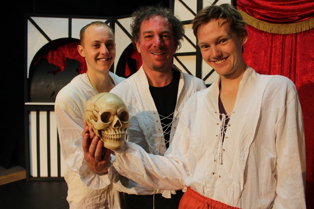 Ryan Pemberton, left,  James Scott and Brendan Kelly star alongside 'Lavinia the skull' in 'The Complete Works of William Shakespeare (Abridged). Photo: supplied