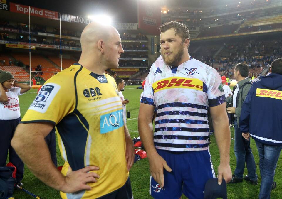 Stephen Moore of the Brumbies and Duane Vermeulen of the Stormers. Photo: Gallo Images