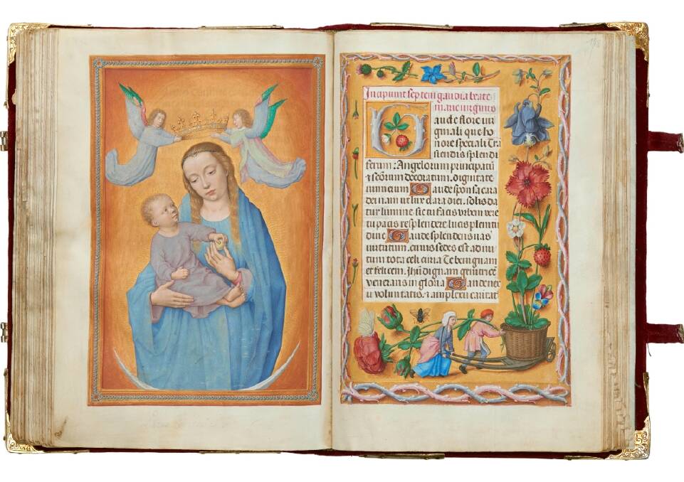 Virgin and Child on a crescent moon and The seven joys of
the Virgin in the "Rothschild Prayer Book" (c1505-Â1510). Photo: National Library of Australia 