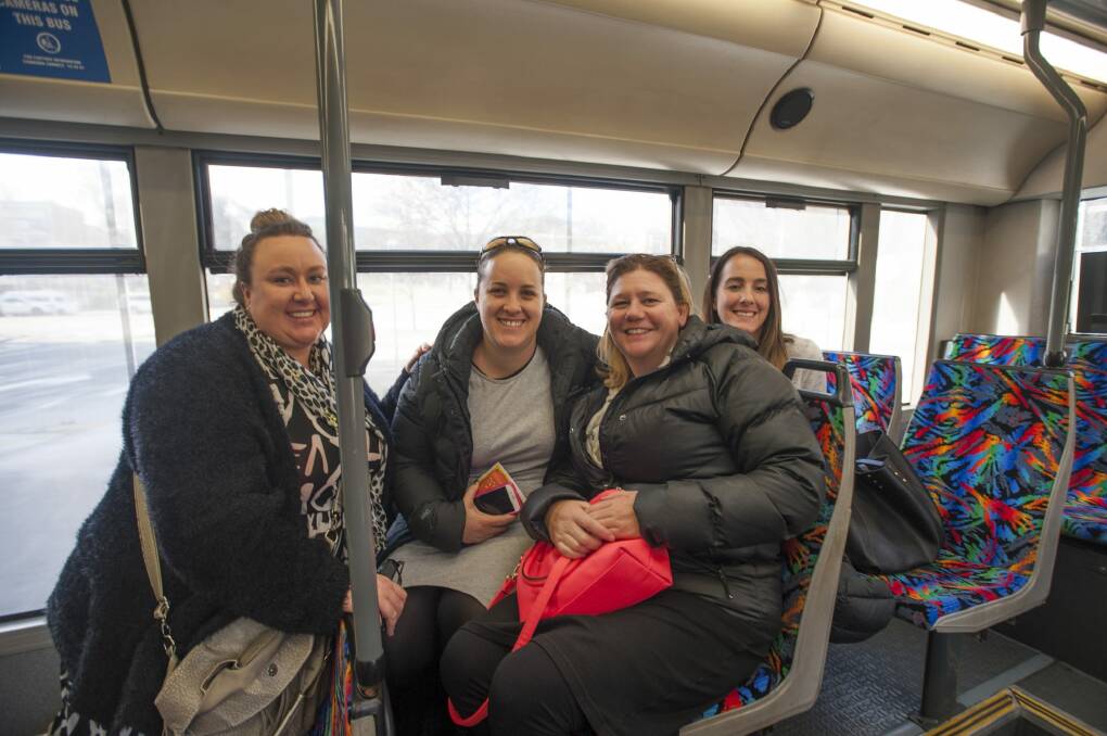 Kylie Black, Lauren Irvine, Liza Kelley and Samantha Bladwish on the ACT government and Transport Canberra's Free City Loop. Photo: Elesa Kurtz