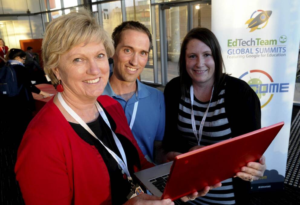 The Google Apps for Education Summit at Gungahlin College. Participants from left, Sue Norton, principal at Fraser Primary School, Scott Pearce, executive teacher and ICT co-ordinator at Fraser, and Renee Waters, a year 6 teacher at Macgregor Primary School. Photo: Graham Tidy