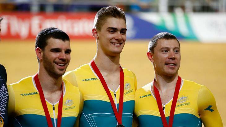 Matthew Glaetzer, Nathan Hart, and Shane Perkins pose with their bronze medals. Photo: Getty Images