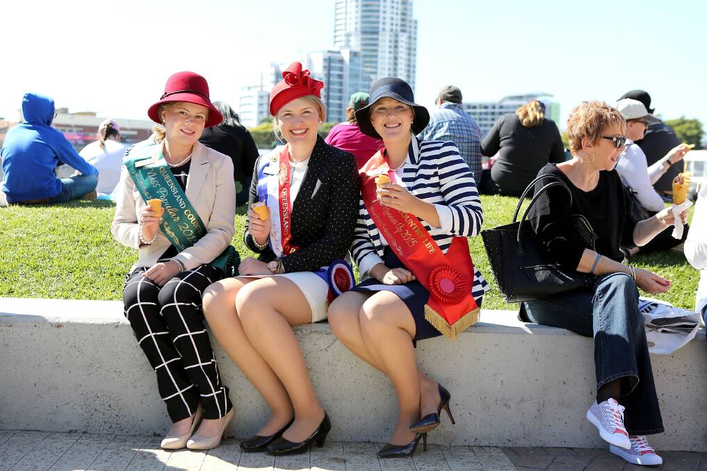Queensland Country Life showgirls Mkarla James, Michelle Mesner and Rikki Frazer at the Ekka in 2015. Photo: Michelle Smith