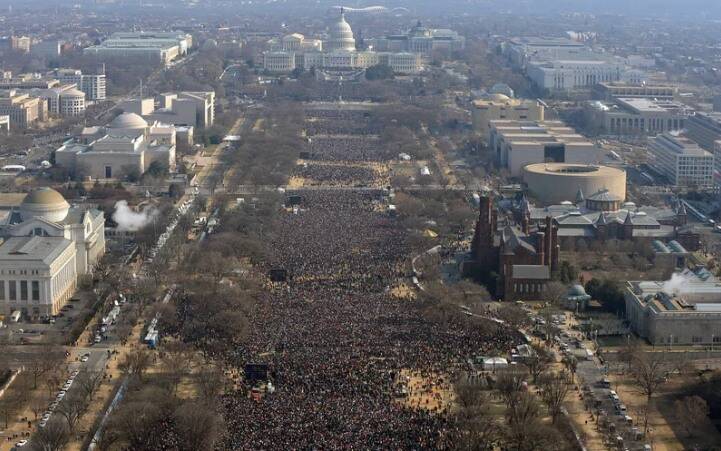 Massive crowds fill the national mall at Barack Obama's first inauguration in 2008. Photo: AP