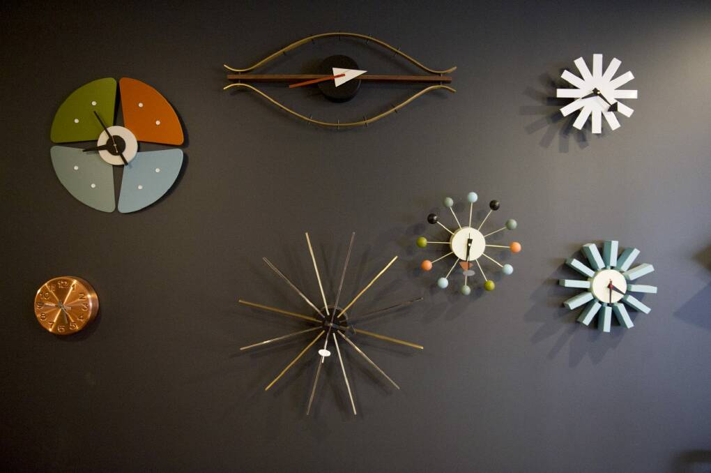 Some of the quirky clocks on the lounge wall. 
 Photo: Jay Cronan