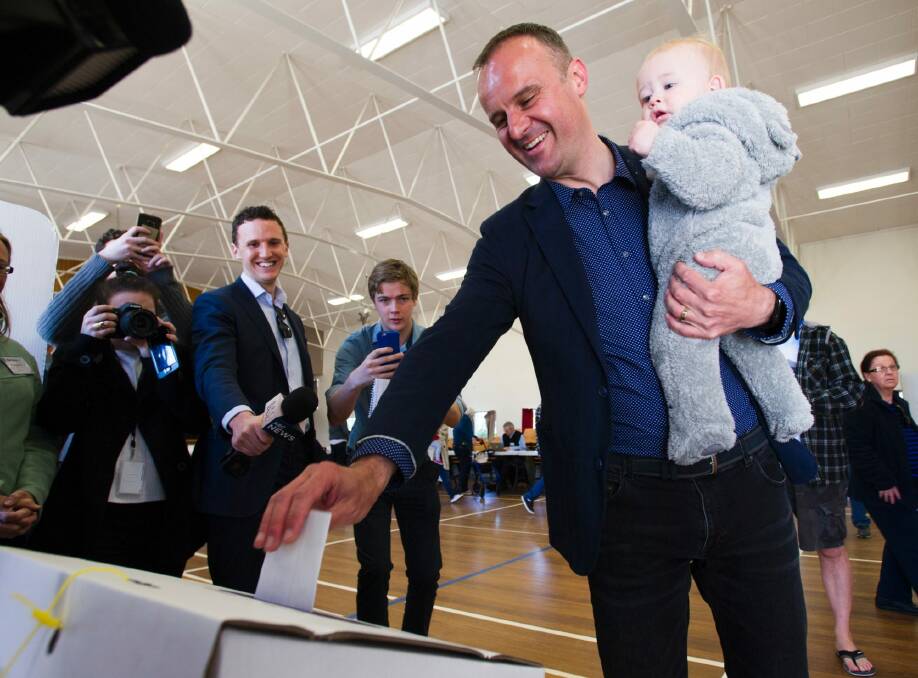 Labor re-elected: Chief Minister Andrew Barr votes on Saturday Photo: Elesa Kurtz