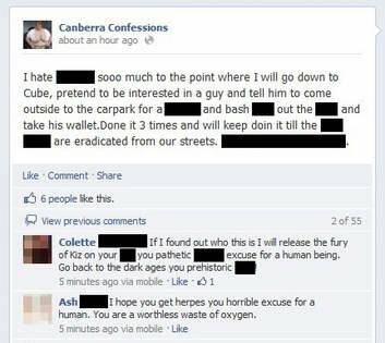 An anti-gay comment on the <i>Canberra Confessions</i> Facebook site.