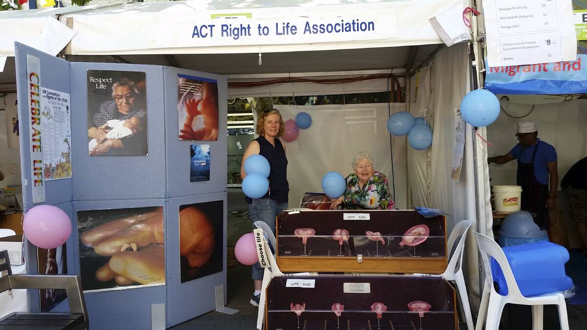 ACT Right to Life Association member Anne Hartwell (pictured left) and association president Bev Cains (pictured right) in their stall at the National Multicultural Festival in 2018. Photo: Supplied