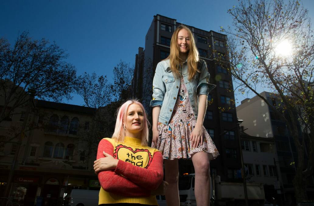Designer Emma Mulholland with model Gemma Hanley in Kings Cross, Sydney.  Photo: Janie Barrett