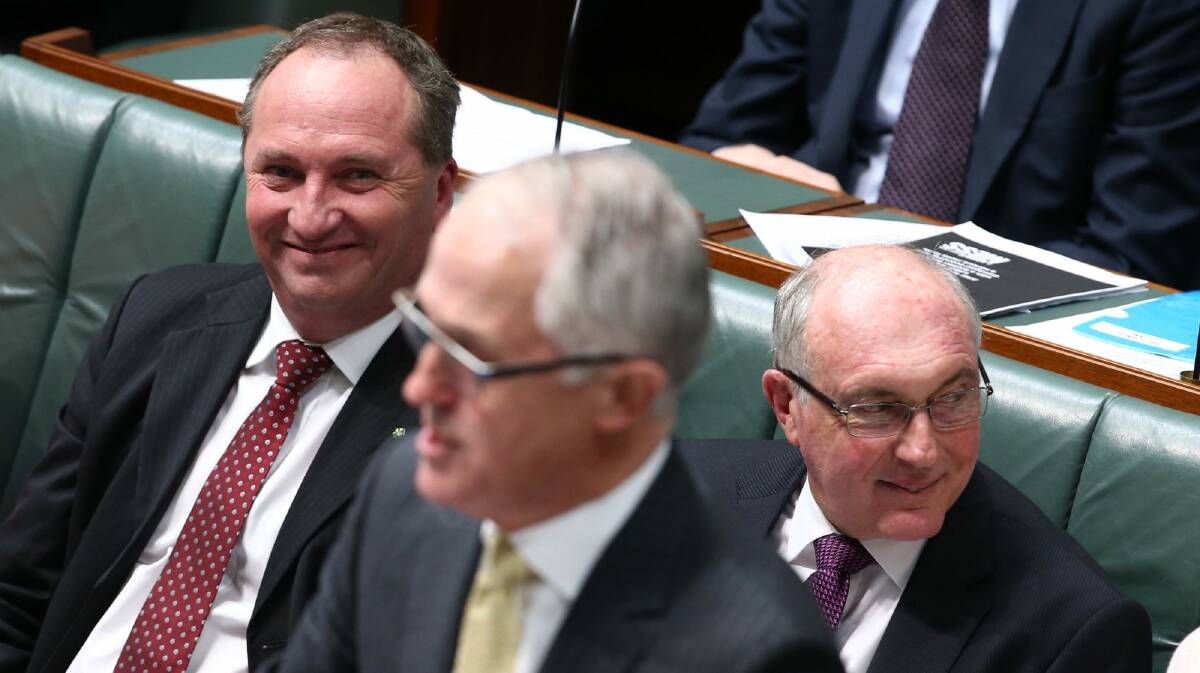 Agriculture Minister Barnaby Joyce, Prime Minister Malcolm Turnbull and Deputy Prime Minister Warren Truss. Photo: Andrew Meares