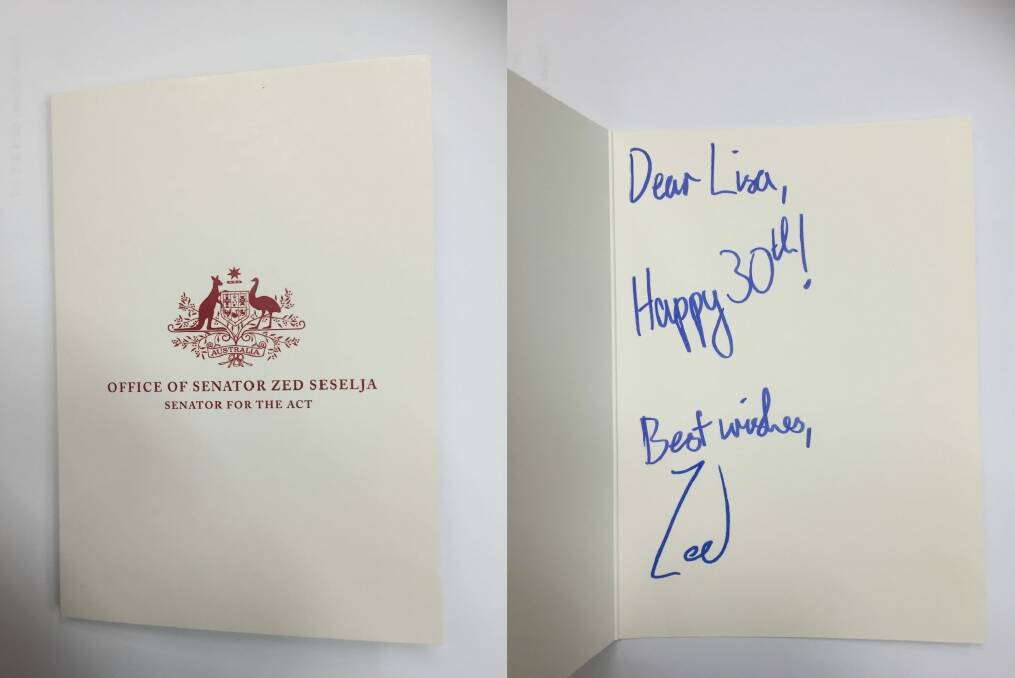 Senator Zed Seselja sends handwritten birthday wishes. Photo: Supplied