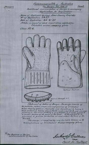Digitised 1925 application by Bert Oldfield for registration of his design for trendy new wicketkeeper's gloves. Photo: National Archives