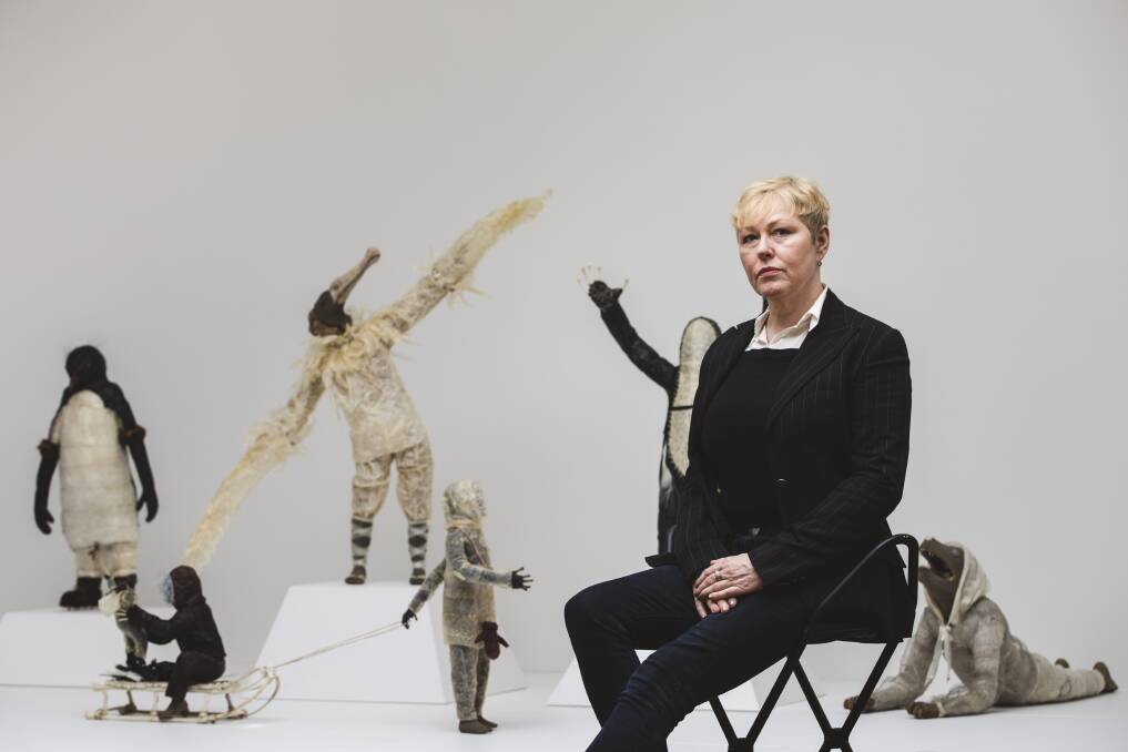 Sydney sculptor Linde Ivimey with her work from National Portrait Gallery winter exhbition 'So Fine'. Photo: Jamila Toderas