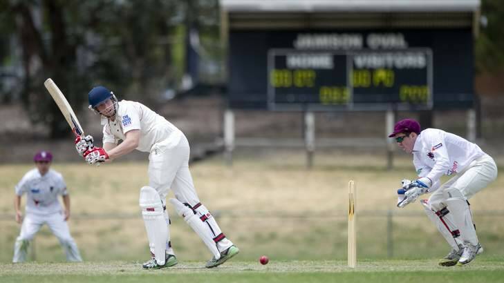 Matt Floros of Tuggeranong Valley Cricket Club plays on the leg side3 during the game against Western Districts at Jamison Oval. Photo: Jay Cronan