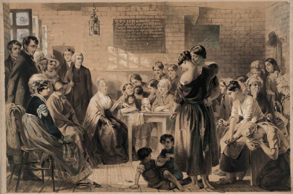 A watercolour version of an oil painting by Jerry Barrett, Mrs Fry reading to prisoners in Newgate in the year 1816 (1863).