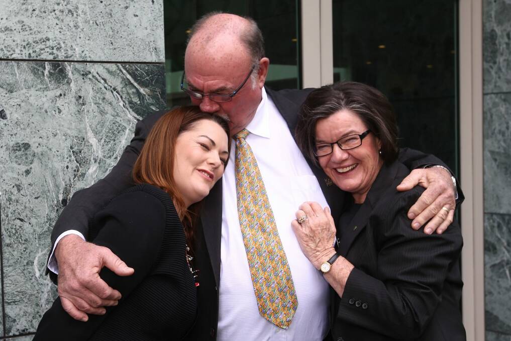 Liberal MP Warren Entsch with Greens senator Sarah Hanson-Young and independent MP Cathy McGowan after he introduced a private member's bill for marriage equality to Parliament House in August 2015.  Photo: Andrew Meares