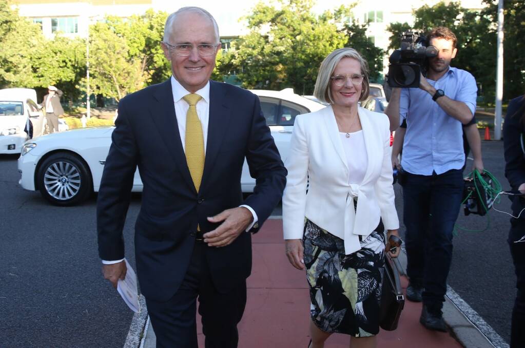 Prime Minister Malcolm Turnbull, pictured with wife Lucy Turnbull on Tuesday morning, has told colleagues a double dissolution election remains a possibility. Photo: Andrew Meares