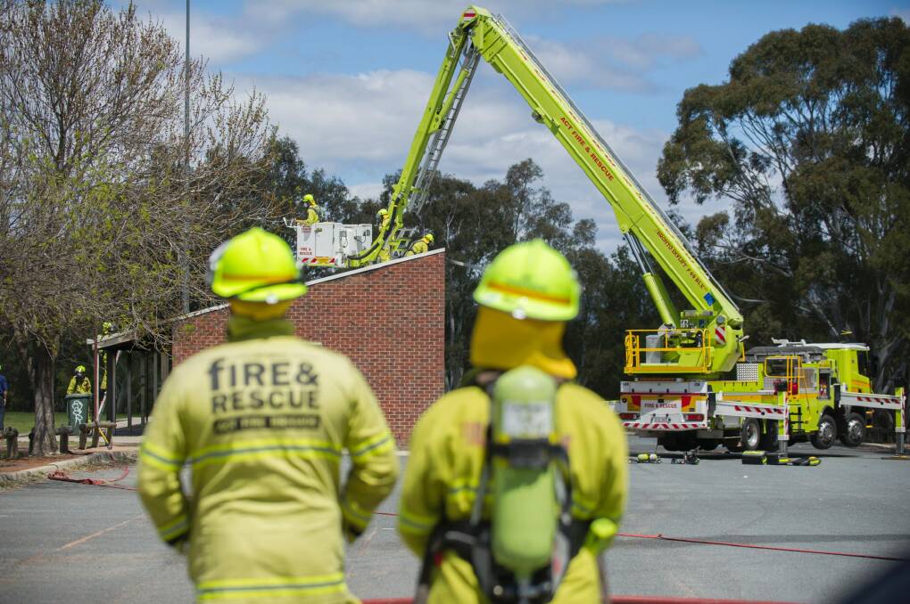 ACT Fire and Rescue on the scene of a fire at Gowrie Oval on Tuesday afternoon. Photo: Rohan Thomson