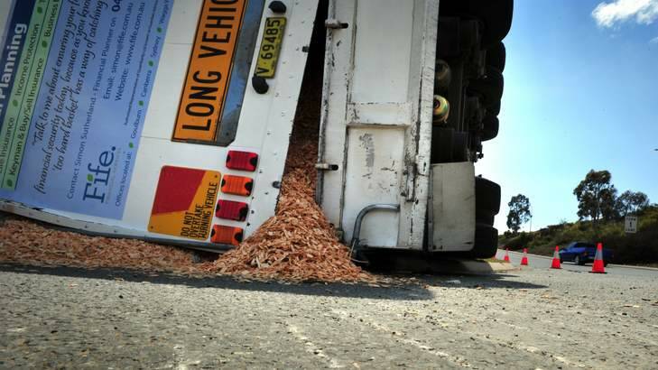 A truck carrying wood chips loses its load in Fyshwick. Photo: Karleen Minney