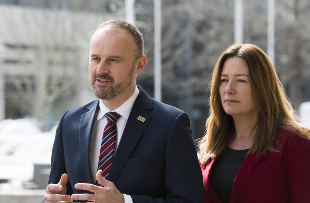 Chief Minister Andrew Barr and deputy Yvette Berry, the ministers responsible for setting the land sales target, which the SLA failed to meet in 2017-18. Photo: Karleen Minney