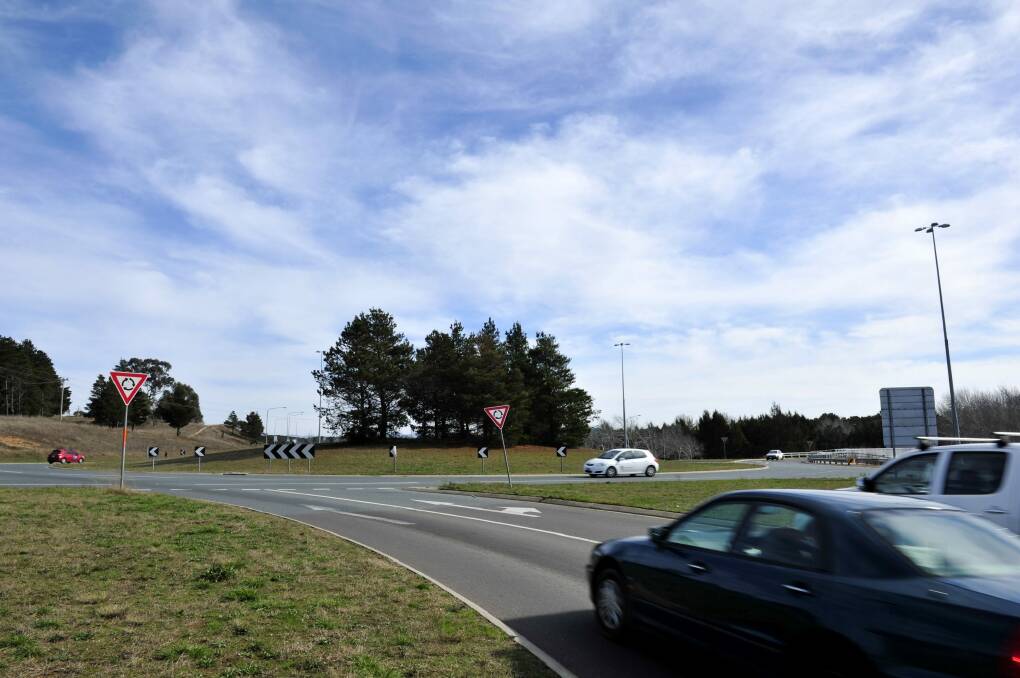The roundabout at the intersection of Barton Hwy, Gundaroo Drive, and William Slim Drive in Gungahlin. The ACT government has announced $23 million for stage two of the Gundaroo Drive duplication in next month's budget.  Photo: Jay Cronan