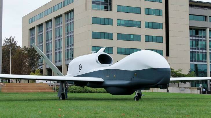 A drone outside the Department of Defence headquarters in Russell Photo: Anthony Croke