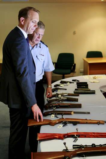 Minister for Police and Emergency Services, Simon Corbell and ACT Chief of Police Rudi Lammers at the launch of a new campaign aimed at removing illegal firearms from Canberra's Streets. Photo: Supplied