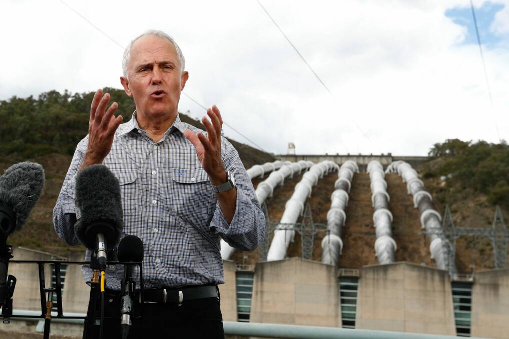 The Prime Minister addresses the media at the Snowy Hydro's Tumut 3 power station. Photo: Alex Ellinghausen