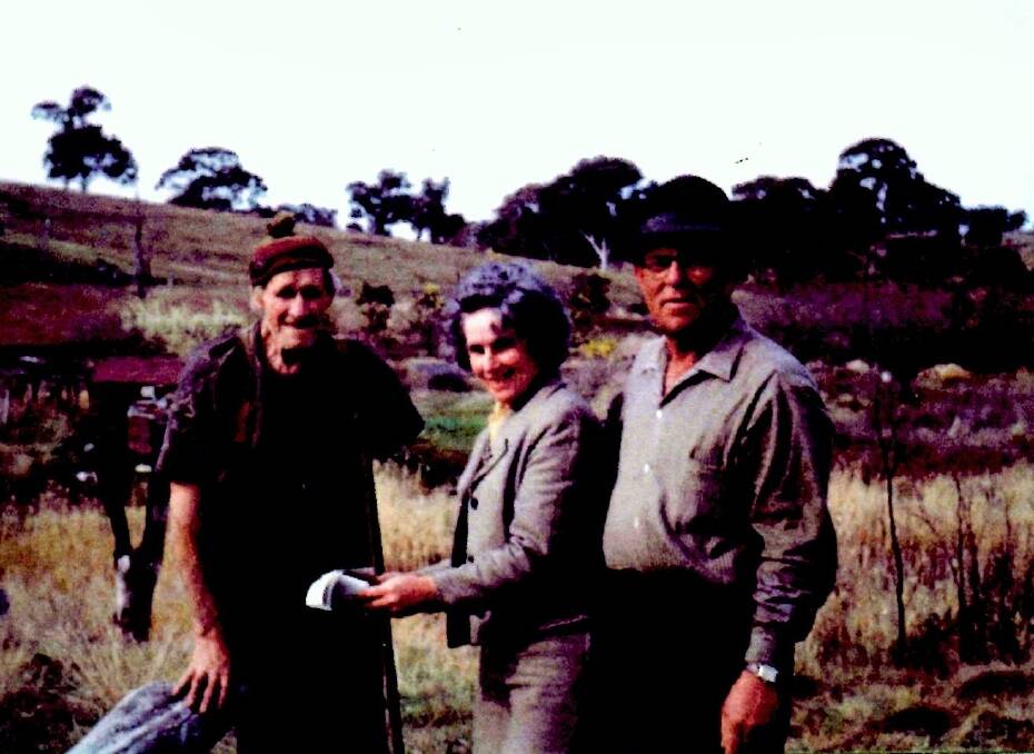 The remarkable Ted Watt, left, without an arm and a leg, with his daughter Dorne and son-in-law Bob. Photo: Gundaroo Historical Society