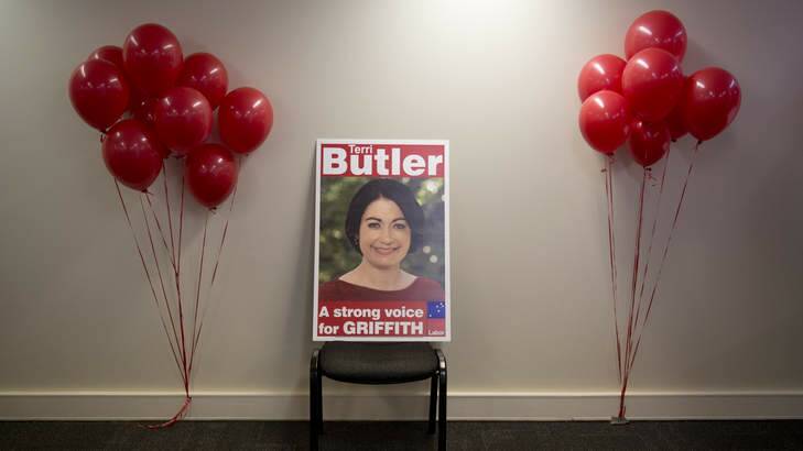 Signage of Labor candidate Terri Butler after ballots closed in the 2014 Federal By-election for the seat of Griffith in Queensland. Photo: Harrison Saragossi