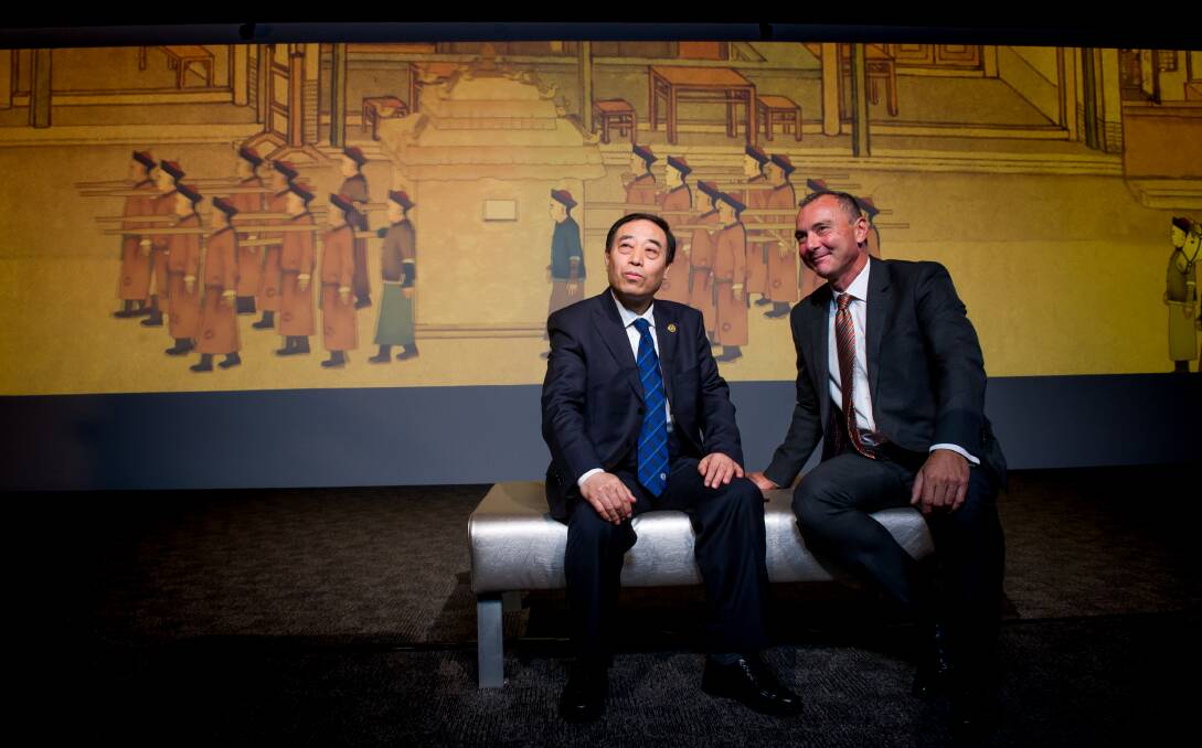 Deputy director of the National Museum of China Shan Wei with NNA director Dr Mathew Trinca at the launch of <i>The Historical Expression of Chinese Art: Calligraphy and Painting from the National Museum of China.</i> Photo: Elesa Kurtz