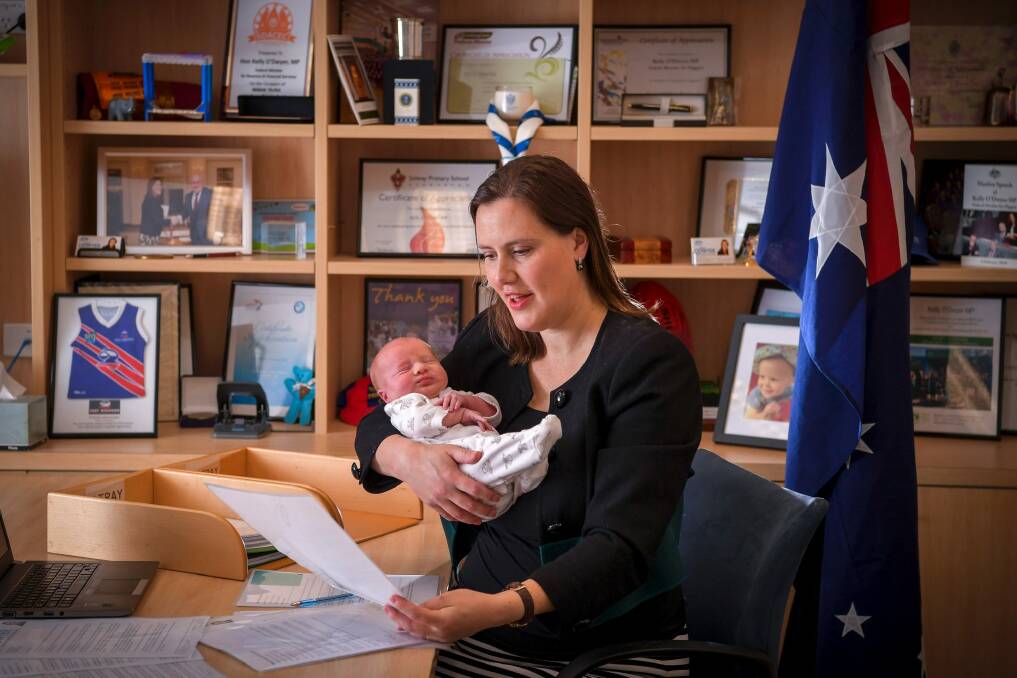 Liberal frontbencher Kelly O'Dwyer with her newborn last week. Photo: Eddie Jim