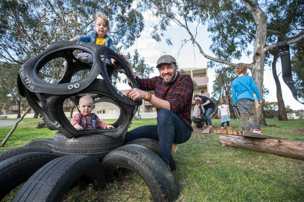 Marcus Veerman, CEO of Playground Ideas, in a Brunswick East playground based on his DIY designs. Photo: Jason South