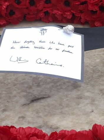 The hand-written note on the wreath of poppies on the Stone of Remembrance at the Australian War Memorial. Photo: Megan Doherty