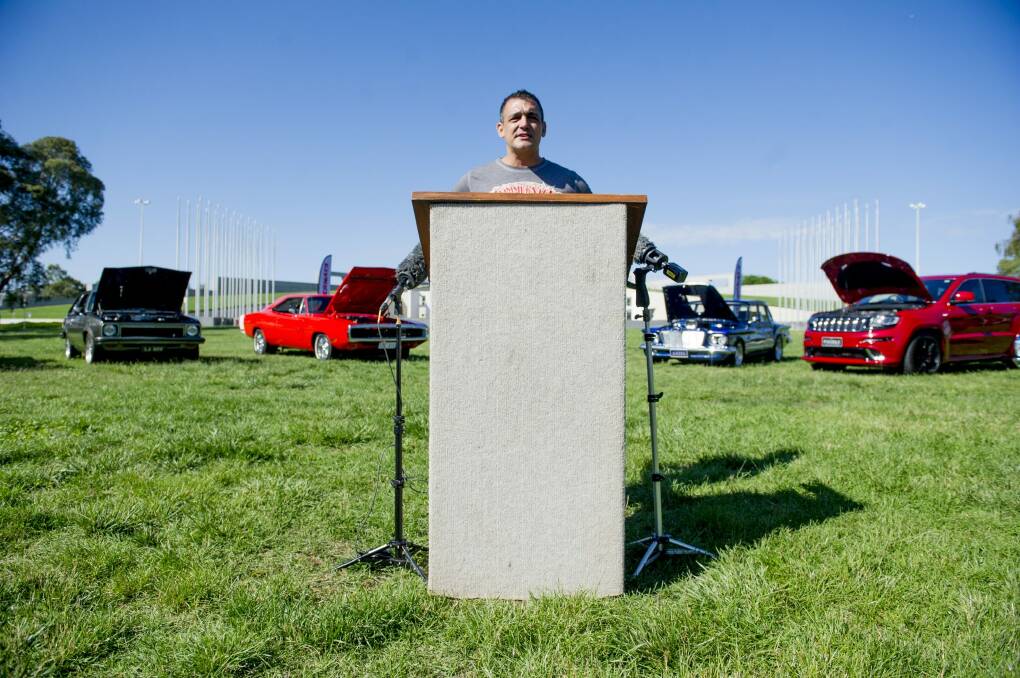 Andy Lopez, co-owner of Summernats, in front of Parliament House to launch Summernats 28. Photo: Jay Cronan