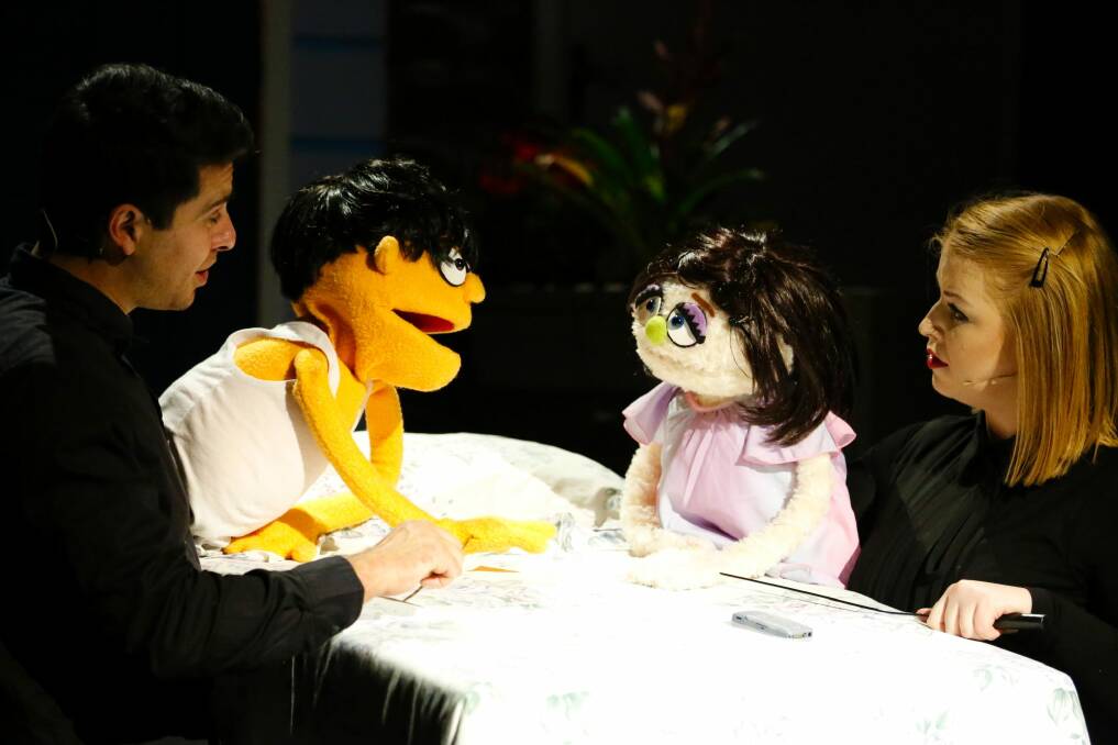 Nick Valois as Princeton and Emma McCormack as Kate Monster in <i>Avenue Q.</i>  Photo: Family Fotographics