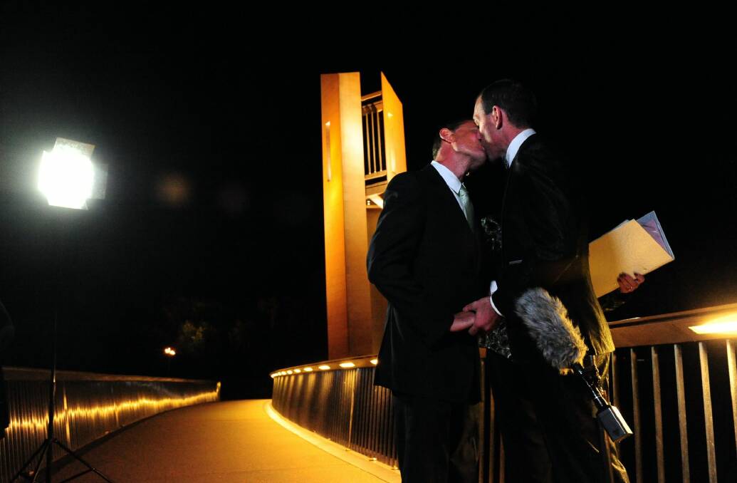 Joel and Alan Player after marrying at the National Carillon in 2013 Photo: Melissa Adams