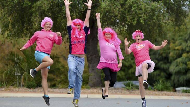 The Boyes family, from left, Michael, 15, Rob, Jackie and Liam, 14, getting into the swing of things and all things pink for the Mother's Day Classic next weekend. Photo: Graham Tidy