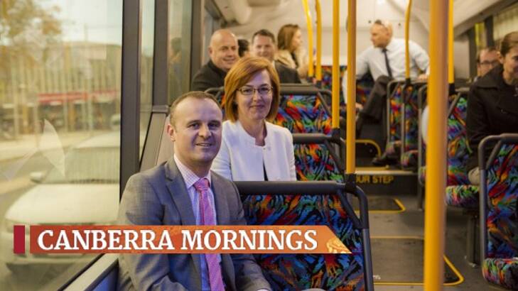 ACT Chief Minister Andrew Barr and Transport Minister Meegan Fitzharris taking a tour on the new "city loop" bus service.  Photo: Jamila Toderas