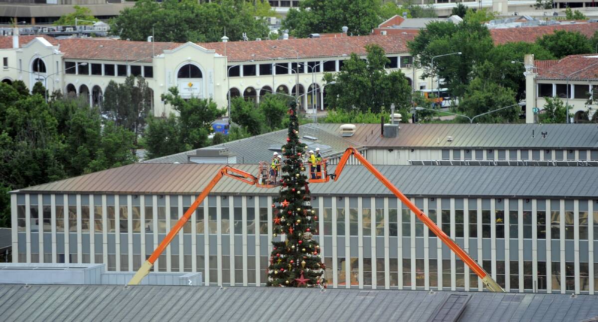 The Christmas tree in Civic Square is decorated by workers in cranes in 2011. Photo: Graham Tidy