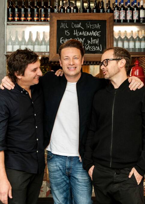 Jamie Oliver (centre) has re-joined forces with Matt Skinner and Tobie Puttock for the new era of Jamie's Italian. Photo: Jennifer Soo