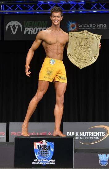 Body of work: Alistair Morrell after winning the men'?s fitness Australia overall category at the International Natural Bodybuilding Association Australian titles in Brisbane. Photo: Mariya Mova