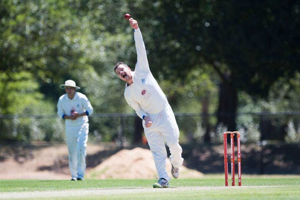 Cricket ACT Douglas Cup: ANU Vs Weston Creek Molonglo. Ben Mitchell bowling. Photo: Dion Georgopoulos Photo: Dion Georgopoulos