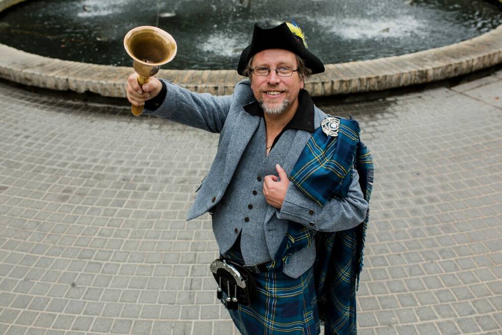 Canberra's new town crier Joe McGrail-Batup has officially made his first cry. Photo: Jamila Toderas Photo: Jamila Toderas