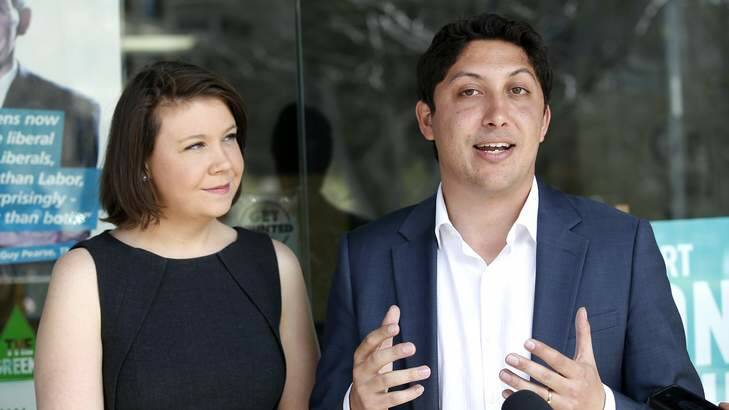 Greens Senate candidate Simon Sheikh with his wife Anna Rose. Photo: Jeffrey Chan
