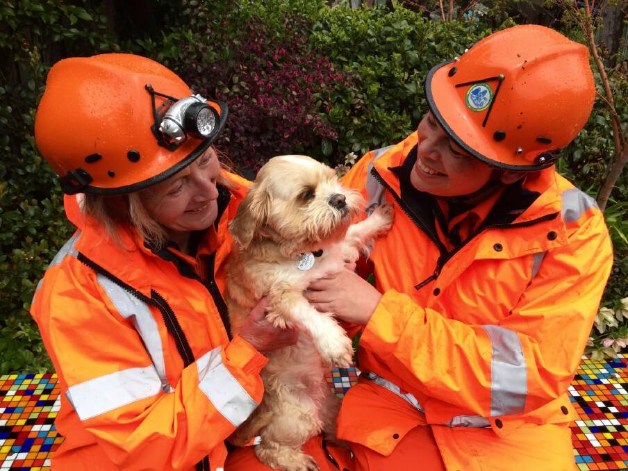 ACT State Emergency Service volunteers Sue Elsbury and Kym Schmid with Polly the dog. The SES is warning home-owners to clean out their gutters and have somewhere safe to keep their pets as storm season approaches. Photo: Katie Burgess