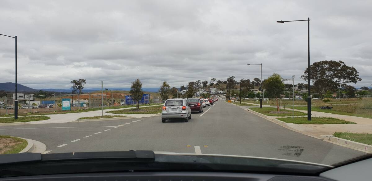 A lengthy traffic queue on Bettong Avenue in Throsby on Wednesday morning. Photo: Supplied