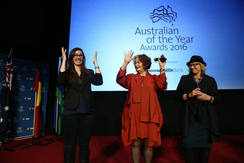 Young Australian of the Year Drisana Levitzke-Gray (left) with Senior Australian of the Year Jackie French and Australian of the Year Rosie Batty at Parliament House in Canberra. Photo: Andrew Meares