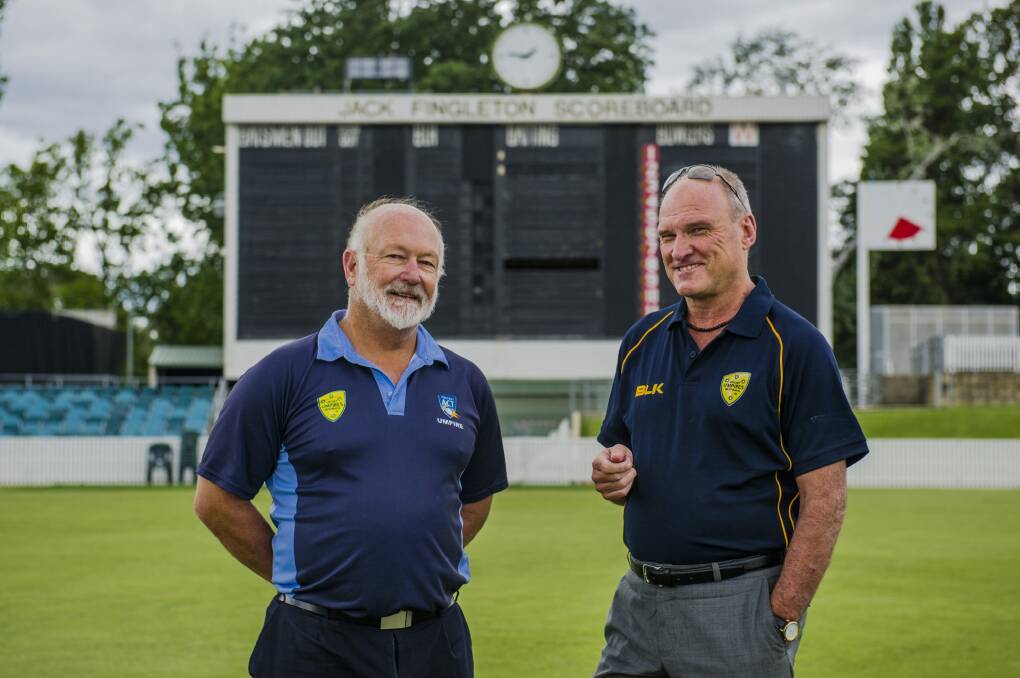 Canberra umpires Bill Ruse  and Terry Keel.
 Photo: Jamila Toderas