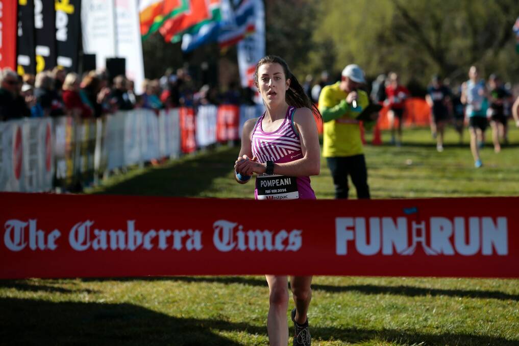Pompeani came first in the women's 10km at the Canberra Times Fun Run in 2014. Photo: Jeffrey Chan JCC